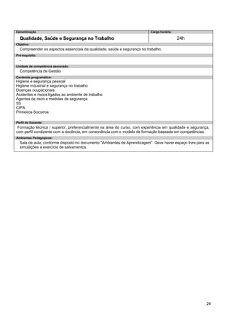 24 
Denominação 
Carga horária: 
Qualidade, Saúde e Segurança no Trabalho 
24h 
Objetivo: 
Compreender os aspectos essenciais da qualidade, saúde e segurança no trabalho. 
Pré-requisito: 
- 
Unidade de competência associada: 
Competência de Gestão 
Conteúdo programático: 
Higiene e segurança pessoal 
Higiene industrial e segurança no trabalho 
Doenças ocupacionais 
Acidentes e riscos ligados ao ambiente de trabalho 
Agentes de risco e medidas de segurança 
5S 
CIPA 
Primeiros Socorros 
Perfil do Docente: 
Formação técnica / superior, preferencialmente na área do curso, com experiência em qualidade e segurança, com perfil condizente com a docência, em consonância com o modelo de formação baseada em competências. 
Ambientes Pedagógicos: 
Sala de aula, conforme disposto no documento "Ambientes de Aprendizagem”. Deve haver espaço livre para as simulações e exercício de salvamentos.  