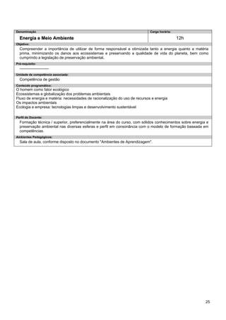 25 
Denominação 
Carga horária: 
Energia e Meio Ambiente 
12h 
Objetivo: 
Compreender a importância de utilizar de forma responsável e otimizada tanto a energia quanto a matéria prima, minimizando os danos aos ecossistemas e preservando a qualidade de vida do planeta, bem como cumprindo a legislação de preservação ambiental. 
Pré-requisito: 
----------------------- 
Unidade de competência associada: 
Competência de gestão 
Conteúdo programático: 
O homem como fator ecológico 
Ecossistemas e globalização dos problemas ambientais 
Fluxo de energia e matéria: necessidades de racionalização do uso de recursos e energia 
Os impactos ambientais 
Ecologia e empresa: tecnologias limpas e desenvolvimento sustentável 
Perfil do Docente: 
Formação técnica / superior, preferencialmente na área do curso, com sólidos conhecimentos sobre energia e preservação ambiental nas diversas esferas e perfil em consonância com o modelo de formação baseada em competências. 
Ambientes Pedagógicos: 
Sala de aula, conforme disposto no documento "Ambientes de Aprendizagem".  