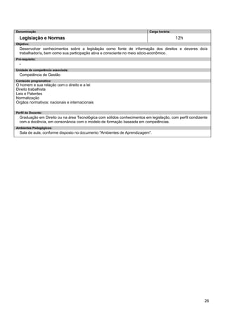 26 
Denominação 
Carga horária: 
Legislação e Normas 
12h 
Objetivo: 
Desenvolver conhecimentos sobre a legislação como fonte de informação dos direitos e deveres do/a trabalhador/a, bem como sua participação ativa e consciente no meio sócio-econômico. 
Pré-requisito: 
- 
Unidade de competência associada: 
Competência de Gestão 
Conteúdo programático: 
O homem e sua relação com o direito e a lei 
Direito trabalhista 
Leis e Patentes 
Normalização 
Órgãos normativos: nacionais e internacionais 
Perfil do Docente: 
Graduação em Direito ou na área Tecnológica com sólidos conhecimentos em legislação, com perfil condizente com a docência, em consonância com o modelo de formação baseada em competências. 
Ambientes Pedagógicos: 
Sala de aula, conforme disposto no documento "Ambientes de Aprendizagem".  