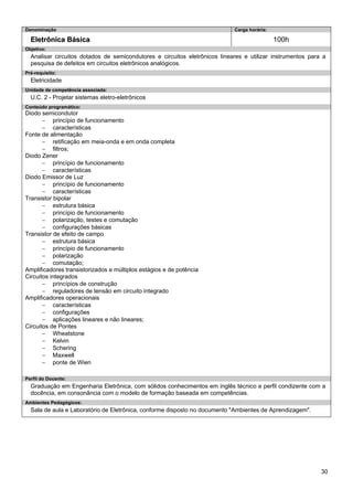 30 
Denominação 
Carga horária: 
Eletrônica Básica 
100h 
Objetivo: 
Analisar circuitos dotados de semicondutores e circuitos eletrônicos lineares e utilizar instrumentos para a pesquisa de defeitos em circuitos eletrônicos analógicos. 
Pré-requisito: 
Eletricidade 
Unidade de competência associada: 
U.C. 2 - Projetar sistemas eletro-eletrônicos 
Conteúdo programático: 
Diodo semicondutor 
− princípio de funcionamento 
− características 
Fonte de alimentação 
− retificação em meia-onda e em onda completa 
− filtros; 
Diodo Zener 
− princípio de funcionamento 
− características 
Diodo Emissor de Luz 
− princípio de funcionamento 
− características 
Transistor bipolar 
− estrutura básica 
− princípio de funcionamento 
− polarização, testes e comutação 
− configurações básicas 
Transistor de efeito de campo 
− estrutura básica 
− princípio de funcionamento 
− polarização 
− comutação; 
Amplificadores transistorizados e múltiplos estágios e de potência 
Circuitos integrados 
− princípios de construção 
− reguladores de tensão em circuito integrado 
Amplificadores operacionais 
− características 
− configurações 
− aplicações lineares e não lineares; 
Circuitos de Pontes 
− Wheatstone 
− Kelvin 
− Schering 
− Maxwell 
− ponte de Wien 
Perfil do Docente: 
Graduação em Engenharia Eletrônica, com sólidos conhecimentos em inglês técnico e perfil condizente com a docência, em consonância com o modelo de formação baseada em competências. 
Ambientes Pedagógicos: 
Sala de aula e Laboratório de Eletrônica, conforme disposto no documento "Ambientes de Aprendizagem".  