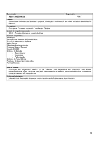 42 
Denominação 
Carga horária: 
Redes Industriais I 
40h 
Objetivo: 
Desenvolver competências relativas a projetos, instalação e manutenção em redes industriais existentes no mercado. 
Pré-requisito: 
Controle de Processos Industriais / Instalações Elétricas 
Unidade de competência associada: 
U.C. 5 – Projetar sistemas de redes industriais 
Conteúdo programático: 
Introdução 
Evolução dos Sistemas de Comunicação 
Topologia e Arquitetura de Rede 
Meios físicos 
Classificação dos protocolos 
Ambiente Mestre / Escravo 
Modelo OSI/ISO 
Critérios de Seleção 
− Determinismo 
− Velocidade 
− Padronização 
Critérios de Redundância 
Avaliação de desempenho de redes 
Normas técnicas 
Perfil do Docente: 
Graduação em Engenharia Elétrica ou de Telecom, com experiência em protocolos, com sólidos conhecimentos de Inglês Técnico e com perfil condizente com a docência, em consonância com o modelo de formação baseada em competências. 
Ambientes Pedagógicos: 
Laboratório de Automação Avançada, conforme documento Ambientes de Aprendizagem.  