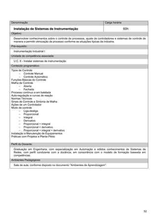 52 
Denominação 
Carga horária: 
Instalação de Sistemas de Instrumentação 
60h 
Objetivo: 
Desenvolver conhecimentos sobre o controle de processos, ajuste de controladores e sistemas de controle de maneira a permitir otimização de processo conforme as situações típicas da indústria. 
Pré-requisito: 
Instrumentação Industrial I 
Unidade de competência associada: 
U.C. 6 - Instalar sistemas de instrumentação 
Conteúdo programático: 
Tipos de Controle 
− Controle Manual 
− Controle Automático 
Funções Básicas do Controle 
Malha de Controle 
− Aberta 
− Fechada 
Processo contínuo e em batelada 
Auto-regulação e curvas de reação 
Normas Técnicas 
Sinais de Controle e Sintonia de Malha 
Ações de um Controlador 
Modo de controle 
− Liga-desliga 
− Proporcional 
− Integral 
− Derivativo 
− Proporcional + integral 
− Proporcional + derivativo 
− Proporcional + integral + derivativo 
Instalação e Manutenção de Equipamentos 
Práticas com Projetos e Planta Piloto 
Perfil do Docente: 
Graduação em Engenharia, com especialização em Automação e sólidos conhecimentos de Sistemas de Redes, com perfil condizente com a docência, em consonância com o modelo de formação baseada em competências. 
Ambientes Pedagógicos: 
Sala de aula, conforme disposto no documento "Ambientes de Aprendizagem".  