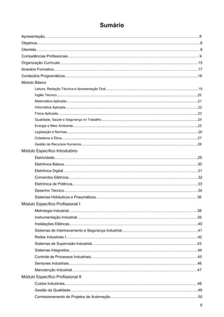 6 
Sumário 
Apresentação....................................................................................................................................................8 
Objetivos............................................................................................................................................................8 
Clientela.............................................................................................................................................................8 
Competências Profissionais..............................................................................................................................9 
Organização Curricular....................................................................................................................................15 
Itinerário Formativo..........................................................................................................................................17 
Conteúdos Programáticos...............................................................................................................................18 
Módulo Básico 
Leitura, Redação Técnica e Apresentação Oral...................................................................................................19 
Inglês Técnico......................................................................................................................................................20 
Matemática Aplicada............................................................................................................................................21 
Informática Aplicada.............................................................................................................................................22 
Física Aplicada.....................................................................................................................................................23 
Qualidade, Saúde e Segurança no Trabalho.......................................................................................................24 
Energia e Meio Ambiente....................................................................................................................................,25 
Legislação e Normas............................................................................................................................................26 
Cidadania e Ética.................................................................................................................................................27 
Gestão de Recursos Humanos............................................................................................................................28 
Módulo Específico Introdutório 
Eletricidade.........................................................................................................................................29 
Eletrônica Básica................................................................................................................................30 
Eletrônica Digital.................................................................................................................................31 
Comandos Elétricos............................................................................................................................32 
Eletrônica de Potência........................................................................................................................33 
Desenho Técnico................................................................................................................................34 
Sistemas Hidráulicos e Pneumáticos.................................................................................................36 
Módulo Específico Profissional I 
Metrologia Industrial...........................................................................................................................38 
Instrumentação Industrial...................................................................................................................39 
Instalações Elétricas...........................................................................................................................40 
Sistemas de Intertravamento e Segurança Industrial.........................................................................41 
Redes Industriais I..............................................................................................................................42 
Sistemas de Supervisão Industrial.....................................................................................................43 
Sistemas Integrados...........................................................................................................................44 
Controle de Processos Industriais......................................................................................................45 
Sensores Industriais...........................................................................................................................46 
Manutenção Industrial........................................................................................................................47 
Módulo Específico Profissional II 
Custos Industriais...............................................................................................................................48 
Gestão da Qualidade..........................................................................................................................49 
Comissionamento de Projetos de Automação....................................................................................50  