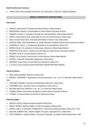 61 
Gestão de Recursos Humanos 
• FARAH, Flávio. Ética na Gestão de Pessoas: uma visão prática. Editora EI - Edições Inteligentes 
MÓDULO ESPECÍFICO INTRODUTÓRIO 
Eletricidade 
• ARAUJO, Carlos André S. Proteção de sistemas elétricos. Editora Zamboni 
• BARTKOWIAK, Robert A. Circuitos Elétricos. Editora Pearson Education do Brasil. 
• CAMINHA, Amadeu C. Introdução à proteção dos sistemas elétricos. Editora Edgard Blücher. 
• CIPELLI, Antonio Marco Vicari. Eletricidade Circuitos em Corrente Contínua. Editora Érica. 
• CRUZ, Eduardo César Alves. Praticando Eletricidade (C.Estude e Use). Editora Érica. 
• GUSSOW, Milton. Eletricidade Básica. 2a. edição Revisada e Ampliada. Editora Pearson Education do Brasil. 
• JOHNSON, D.; Hilburn, J. Fundamentos de Análise e Circuitos Elétricos. Editora LTC 
• MARINO, Maria A. M. Laboratório de Eletricidade e Eletrônica. Editora Edgard Blücher. 
• MARIOTTO, Paulo Antonio. Análise de Circuitos Elétricos. Editora Pearson Education do Brasil. 
• NILSSON, James W. Circuitos Elétricos. Editora LTC. 
• ORSINI, Luiz de Queiroz. Exercícios de Circuitos Elétricos. Editora Edgard Blücher 
• PURCELL, Edward M. Eletricidade e Magnetismo. Editora Érica. 
• QUEVEDO, Carlos Peres. Circuitos Elétricos e Eletrônicos. Editora LTC 
• U. S. Navy Curso Completo de Eletricidade Básica. BEHAR EDITORA (HEMUS) 
Eletrônica Básica 
• AIUB, JOSÉ EDUARDO. Eletrônica. Editora Ícone. 
• BOGART, THEODORE F. Dispositivos e Circuitos Eletrônicos. 3. ed.., vol. I e II. São Paulo: Makron Books, 2001. 
• CAPUANO E MARINO. Laboratório de Eletricidade e Eletrônica. Editora Érica. 
• LEDERMAN, Isaac - Dicionário Técnico de Eletrônica - Editora Hemus. 
• MALVINO Albert Paul. Eletrônica. 4. ed., vol. I e II. São Paulo: Makron Books 
• TORRES, Gabriel. Fundamentos de Eletrônica. Editora Pearson Education do Brasil. 
• TURNER, L.W. Manual Básico de Eletrônica. Editora Axcel Books 
Eletrônica Digital 
• ARAÚJO, CELSO. Praticando Eletrônica Digital. Editora Érica. 
• GARUE, SERGIO. Eletrônica Digital: circuitos e tecnologias. Editora Hemus. 
• IDOETA, IVAN V. & CAPUANO, FRANCISCO G. - Elementos de Eletrônica Digital, Editora Érica. 1997. 
• MALVINO, ALBERT PAUL. Eletrônica Digital - Princípios e Aplicações Vol.1, Editora Povo. 
• TOCCI, RONALD J. Sistemas Digitais - Princípios e Aplicações, 5a Edição, Prentice/Hall do Brasil. 1994.  