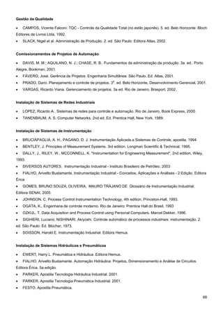 66 
Gestão da Qualidade 
• CAMPOS, Vicente Falconi. TQC - Controle da Qualidade Total (no estilo japonês). 5. ed. Belo Horizonte: Bloch Editores de Livros Ltda, 1992. 
• SLACK, Nigel et al. Administração de Produção. 2. ed. São Paulo: Editora Atlas, 2002. 
Comissionamentos de Projetos de Automação 
• DAVIS, M. M.; AQUILANO, N. J.; CHASE, R. B.. Fundamentos da administração da produção. 3a. ed.. Porto Alegre, Bookman, 2001. 
• FÁVERO, José. Gerência de Projetos. Engenharia Simultânea. São Paulo. Ed. Atlas, 2001. 
• PRADO, Darci. Planejamento e controle de projetos. 3a. ed. Belo Horizonte, Desenvolvimento Gerencial, 2001. 
• VARGAS, Ricardo Viana. Gerenciamento de projetos. 3a ed. Rio de Janeiro, Brasport, 2002. 
Instalação de Sistemas de Redes Industriais 
• LOPEZ, Ricardo A.. Sistemas de redes para controle e automação. Rio de Janeiro, Book Express, 2000. 
• TANENBAUM, A. S. Computer Networks. 2nd ed. Ed. Prentice Hall, New York, 1989. 
Instalação de Sistemas de Instrumentação 
• BRUCIAPAGLIA, A. H., PAGANO, D. J. Instrumentação Aplicada a Sistemas de Controle, apostila, 1994. 
• BENTLEY, J. Principles of Measurement Systems. 3rd edition, Longman Scientific & Technical, 1995. 
• DALLY, J., RILEY, W., MCCONNELL, K. "Instrumentation for Engineering Measurement", 2nd edition, Wiley, 1993. 
• DIVERSOS AUTORES. Instrumentação Industrial - Instituto Brasileiro de Petróleo. 2003 
• FIALHO, Arivelto Bustamante. Instrumentação Industrial - Conceitos, Aplicações e Análises - 2 Edição. Editora Érica 
• GOMES, BRUNO SOUZA; OLIVEIRA, MAURO TRAJANO DE Glossário de Instrumentação Industrial, Editora SENAI, 2005 
• JOHNSON, C. Process Control Instrumentation Technology, 4th edition, Princeton-Hall, 1993. 
• OGATA, K., Engenharia de controle moderno. Rio de Janeiro: Prentice Hall do Brasil, 1993 
• OZKUL, T. Data Acquisition and Process Control using Personal Computers. Marcel Dekker, 1996. 
• SIGHIERI, Luciano; NISHINARI, Akiyoshi. Controle automático de processos industriais: instrumentação. 2. ed. São Paulo: Ed. Blücher, 1973. 
• SOISSON, Harold E. Instrumentação Industrial. Editora Hemus. 
Instalação de Sistemas Hidráulicos e Pneumáticos 
• EWERT, Harry L. Pneumática e Hidráulica. Editora Hemus. 
• FIALHO, Arivelto Bustamante. Automação Hidráulica: Projetos, Dimensionamento e Análise de Circuitos. Editora Érica. 5a edição. 
• PARKER, Apostila Tecnologia Hidráulica Industrial. 2001. 
• PARKER, Apostila Tecnologia Pneumática Industrial. 2001. 
• FESTO, Apostila Pneumática.  