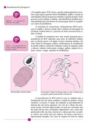 72
Atendimento de Emergência
a 45 segundos após a PCR. Assim, a parada cardiorrespiratória caracte-
riza-se pelo aspecto geral do cliente (imobilidade, palidez e cianose de
extremidades), falta de resposta aos estímulos e ausência de pulso. Neste
processo ocorre também a midríase, cuja identificação imediata não é
mais prioritária pois, pela demora de sua percepção, pode vir a prejudi-
car o início do atendimento.
As manobras de ressuscitação cardiopulmonar (RCP) preci-
sam ser rápidas e eficazes, porque após 4 minutos da interrupção da
circulação cerebral inicia-se o processo de lesão irreversível das cé-
lulas cerebrais.
A unidade de emergência deve estar sempre preparada para o
atendimento de RCP, dispondo, para tanto, de ambientes isolados
para os clientes graves e de alguns recursos materiais mínimos, tais
como tábua de massagem cardíaca, medicamentos de atendimento
de parada cardíaca, material de entubação, sondas de aspiração, ambu
e máscara, soluções endovenosas, seringas, agulhas, equipos de so-
lução venosa e sangue, aparelho de desfibrilação.
Midríase – é o aumento do
diâmetro da pupila.
Ambu – é um dispositivo me-
cânico manual utilizado para
ventilar o cliente.
O procedimento de RCP inicia-se com os cuidados para a
desobstrução das vias aéreas mediante a retirada de próteses, corpos
estranhos e secreções. A seguir, são realizados os procedimentos de
abertura das vias aéreas superiores. No caso de o cliente não apre-
sentar trauma, devemos hiperextender seu pescoço colocando uma
das mãos sob sua nuca, levantando-a ligeiramente; com a outra mão
posicionada sobre sua testa, traciona-se a cabeça para trás; ou pode-
se colocar um coxim sob seus ombros, de forma a provocar a
hiperextensão desejada. Nos casos de suspeita de lesão de coluna
Ressuscitador manual (ambu) Conectando a lâmina do laringoscópio ao cabo. A lâmina trava
na posição quando posicionada corretamente
Lâmpada
Entalhe
Lâmina
Cabo
 