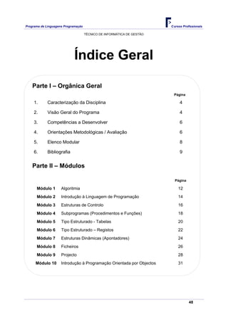 Programa de Linguagens Programação                                      Cursos Profissionais

                                     TÉCNICO DE INFORMÁTICA DE GESTÃO




                             Índice Geral

    Parte I – Orgânica Geral
                                                                         Página

     1.      Caracterização da Disciplina                                    4

     2.      Visão Geral do Programa                                         4

     3.      Competências a Desenvolver                                      6

     4.      Orientações Metodológicas / Avaliação                           6

     5.      Elenco Modular                                                  8

     6.      Bibliografia                                                    9


    Parte II – Módulos

                                                                          Página

      Módulo 1       Algoritmia                                             12
      Módulo 2       Introdução à Linguagem de Programação                  14
      Módulo 3       Estruturas de Controlo                                 16
      Módulo 4       Subprogramas (Procedimentos e Funções)                 18
      Módulo 5       Tipo Estruturado - Tabelas                             20
      Módulo 6       Tipo Estruturado – Registos                            22
      Módulo 7       Estruturas Dinâmicas (Apontadores)                     24
      Módulo 8       Ficheiros                                              26
      Módulo 9       Projecto                                               28
      Módulo 10      Introdução à Programação Orientada por Objectos        31




                                                                                   48
 