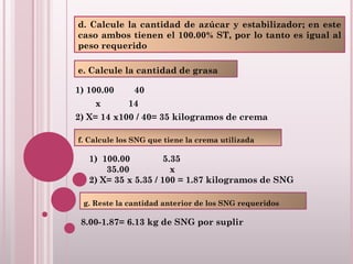 d. Calcule la cantidad de azúcar y estabilizador; en este
caso ambos tienen el 100.00% ST, por lo tanto es igual al
peso requerido
1) 100.00 40
x 14
2) X= 14 x100 / 40= 35 kilogramos de crema
e. Calcule la cantidad de grasa
f. Calcule los SNG que tiene la crema utilizada
1) 100.00 5.35
35.00 x
2) X= 35 x 5.35 / 100 = 1.87 kilogramos de SNG
g. Reste la cantidad anterior de los SNG requeridos
8.00-1.87= 6.13 kg de SNG por suplir
 