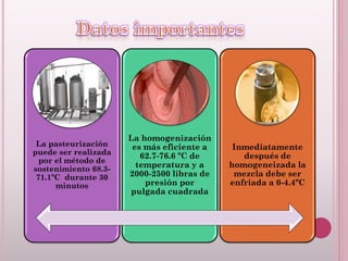 La pasteurización
puede ser realizada
por el método de
sostenimiento 68.3-
71.1ºC durante 30
minutos
La homogenización
es más eficiente a
62.7-76.6 ºC de
temperatura y a
2000-2500 libras de
presión por
pulgada cuadrada
Inmediatamente
después de
homogeneizada la
mezcla debe ser
enfriada a 0-4.4ºC
 