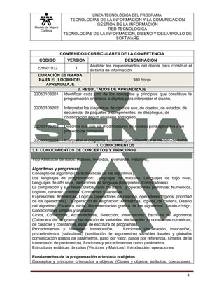 LÍNEA TECNOLÓGICA DEL PROGRAMA:
                        TECNOLOGÍAS DE LA INFORMACIÓN Y LA COMUNICACIÓN
                                  GESTIÓN DE LA INFORMACIÓN
 Modelo de Mejora
    Continua                            RED TECNOLÓGICA
                     TECNOLOGÍAS DE LA INFORMACIÓN, DISEÑO Y DESARROLLO DE
                                            SOFTWARE


                    CONTENIDOS CURRICULARES DE LA COMPETENCIA
    CODIGO            VERSION                         DENOMINACION
                                   Analizar los requerimientos del cliente para construir el
  220501032                1
                                   sistema de información
  DURACIÓN ESTIMADA
  PARA EL LOGRO DEL                              380 horas
     APRENDIZAJE
                     2. RESULTADOS DE APRENDIZAJE
22050103201 Identificar cada uno de los conceptos y principios que constituye la
            programación orientada a objetos para interpretar el diseño.

22050103202          Interpretar los diagramas de caso de uso, de objetos, de estados, de
                     secuencia, de paquetes o componentes, de despliegue, de
                     colaboración según el diseño entregado.

22050103203          Describir que son los modificadores de Acceso para aplicarlos a un
                     proyecto de formación.

22050103204  Interpretar el diagrama relacional para identificar el modelo de datos.
                                3. CONOCIMIENTOS
3.1 CONOCIMIENTOS DE CONCEPTOS Y PRINCIPIOS

Tipo Abstracto de datos: (Clases, métodos, invarianza, instancia).

Algoritmos y programas:
Concepto de algoritmo (características de los algoritmos)
Los lenguajes de programación: Lenguajes de maquina, Lenguajes de bajo nivel,
Lenguajes de alto nivel, traductores de lenguaje (Interpretes, Compiladores).
La compilación y sus fases, Datos, tipos de datos, y operaciones primitivas: Numéricos,
Lógicos, carácter, cadena. Constantes y variables
Expresiones: Aritméticas, Lógicas (operadores de relación, operadores lógicos, prioridad
de los operadores), La operación de asignación: Aritméticas, lógicas, de cadena, Diseño
del algoritmo: Escritura inicial, Representación grafica de los algoritmos, Seudo código.
Condicionales simples y anidadas.
Ciclos, Contadores, Acumuladores, Selección, Interruptores. Escritura de algoritmos
(Cabecera del programa, declaración de variables, declaración de constantes numéricas,
de carácter y constantes, estilo de escritura de programas).
Procedimientos y funciones: Introducción,           funciones (declaración, invocación),
procedimientos (subrutinas) (sustitución de argumentos) variables locales y globales
comunicación (pasos de parámetros, paso por valor, pasos por referencia, síntesis de la
transmisión de parámetros), funciones y procedimientos como parámetros.
Estructuras estáticas de datos (Vectores y Matrices): Introducción, operaciones

Fundamentos de la programación orientada o objetos
Conceptos y principios orientados a objetos: (Clases y objetos, atributos, operaciones,


                                                                                            4
 