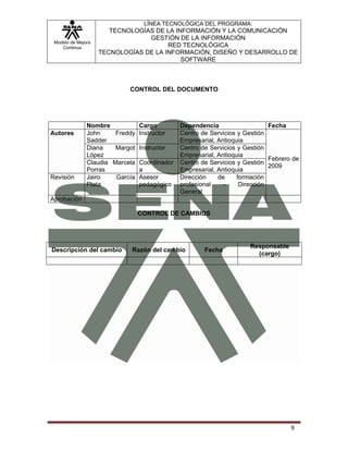 LÍNEA TECNOLÓGICA DEL PROGRAMA:
                       TECNOLOGÍAS DE LA INFORMACIÓN Y LA COMUNICACIÓN
                                 GESTIÓN DE LA INFORMACIÓN
 Modelo de Mejora
    Continua                           RED TECNOLÓGICA
                    TECNOLOGÍAS DE LA INFORMACIÓN, DISEÑO Y DESARROLLO DE
                                           SOFTWARE



                              CONTROL DEL DOCUMENTO




               Nombre           Cargo          Dependencia                    Fecha
Autores        John      Freddy Instructor     Centro de Servicios y Gestión
               Sadder                          Empresarial, Antioquia
               Diana     Margot Instructor     Centro de Servicios y Gestión
               López                           Empresarial, Antioquia
                                                                              Febrero de
               Claudia   Marcela Coordinador   Centro de Servicios y Gestión
                                                                              2009
               Porras            a             Empresarial, Antioquia
Revisión       Jairo      García Asesor        Dirección    de     formación
               Plata             pedagógico    profesional   –      Dirección
                                               General
Aprobación

                                CONTROL DE CAMBIOS




                                                                       Responsable
Descripción del cambio         Razón del cambio        Fecha
                                                                         (cargo)




                                                                                     9
 