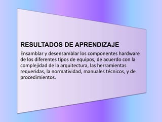 RESULTADOS DE
APRENDIZAJE
RESULTADOS DE APRENDIZAJE
Ensamblar y desensamblar los componentes hardware
de los diferentes tipos de equipos, de acuerdo con la
complejidad de la arquitectura, las herramientas
requeridas, la normatividad, manuales técnicos, y de
procedimientos.
 