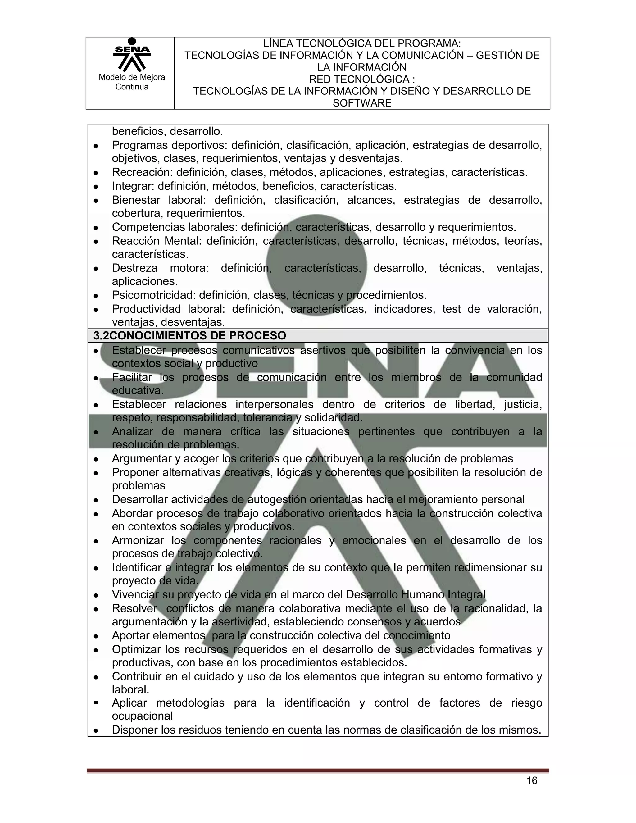 LÍNEA TECNOLÓGICA DEL PROGRAMA:
                    TECNOLOGÍAS DE INFORMACIÓN Y LA COMUNICACIÓN – GESTIÓN DE
                                          LA INFORMACIÓN
 Modelo de Mejora                       RED TECNOLÓGICA :
    Continua
                     TECNOLOGÍAS DE LA INFORMACIÓN Y DISEÑO Y DESARROLLO DE
                                             SOFTWARE

   beneficios, desarrollo.
   Programas deportivos: definición, clasificación, aplicación, estrategias de desarrollo,
   objetivos, clases, requerimientos, ventajas y desventajas.
   Recreación: definición, clases, métodos, aplicaciones, estrategias, características.
   Integrar: definición, métodos, beneficios, características.
   Bienestar laboral: definición, clasificación, alcances, estrategias de desarrollo,
   cobertura, requerimientos.
   Competencias laborales: definición, características, desarrollo y requerimientos.
   Reacción Mental: definición, características, desarrollo, técnicas, métodos, teorías,
   características.
   Destreza motora: definición, características, desarrollo, técnicas, ventajas,
   aplicaciones.
   Psicomotricidad: definición, clases, técnicas y procedimientos.
   Productividad laboral: definición, características, indicadores, test de valoración,
   ventajas, desventajas.
3.2CONOCIMIENTOS DE PROCESO
   Establecer procesos comunicativos asertivos que posibiliten la convivencia en los
   contextos social y productivo
   Facilitar los procesos de comunicación entre los miembros de la comunidad
   educativa.
   Establecer relaciones interpersonales dentro de criterios de libertad, justicia,
   respeto, responsabilidad, tolerancia y solidaridad.
   Analizar de manera crítica las situaciones pertinentes que contribuyen a la
   resolución de problemas.
   Argumentar y acoger los criterios que contribuyen a la resolución de problemas
   Proponer alternativas creativas, lógicas y coherentes que posibiliten la resolución de
   problemas
   Desarrollar actividades de autogestión orientadas hacia el mejoramiento personal
   Abordar procesos de trabajo colaborativo orientados hacia la construcción colectiva
   en contextos sociales y productivos.
   Armonizar los componentes racionales y emocionales en el desarrollo de los
   procesos de trabajo colectivo.
   Identificar e integrar los elementos de su contexto que le permiten redimensionar su
   proyecto de vida.
   Vivenciar su proyecto de vida en el marco del Desarrollo Humano Integral
   Resolver conflictos de manera colaborativa mediante el uso de la racionalidad, la
   argumentación y la asertividad, estableciendo consensos y acuerdos
   Aportar elementos para la construcción colectiva del conocimiento
   Optimizar los recursos requeridos en el desarrollo de sus actividades formativas y
   productivas, con base en los procedimientos establecidos.
   Contribuir en el cuidado y uso de los elementos que integran su entorno formativo y
   laboral.
 Aplicar metodologías para la identificación y control de factores de riesgo
   ocupacional
   Disponer los residuos teniendo en cuenta las normas de clasificación de los mismos.



                                                                                      16
 