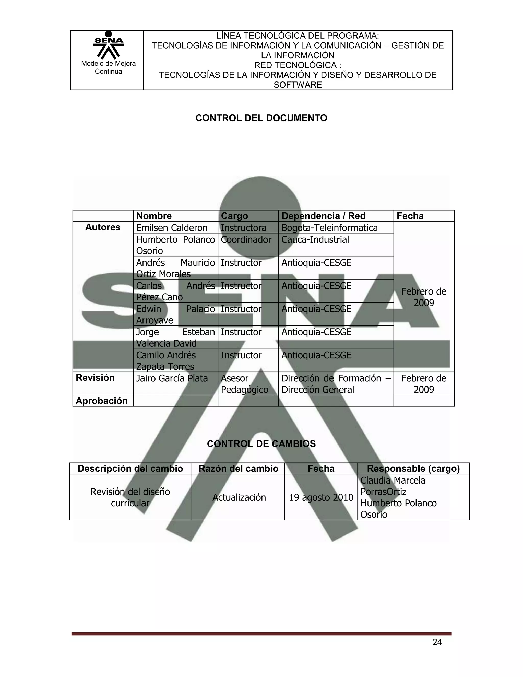 LÍNEA TECNOLÓGICA DEL PROGRAMA:
                       TECNOLOGÍAS DE INFORMACIÓN Y LA COMUNICACIÓN – GESTIÓN DE
                                             LA INFORMACIÓN
 Modelo de Mejora                          RED TECNOLÓGICA :
    Continua
                        TECNOLOGÍAS DE LA INFORMACIÓN Y DISEÑO Y DESARROLLO DE
                                                SOFTWARE


                                   CONTROL DEL DOCUMENTO




                    Nombre                 Cargo         Dependencia / Red          Fecha
  Autores           Emilsen Calderon       Instructora   Bogota-Teleinformatica
                    Humberto Polanco       Coordinador   Cauca-Industrial
                    Osorio
                    Andrés     Mauricio    Instructor    Antioquia-CESGE
                    Ortiz Morales
                    Carlos       Andrés    Instructor    Antioquia-CESGE
                                                                                    Febrero de
                    Pérez Cano
                                                                                      2009
                    Edwin        Palacio   Instructor    Antioquia-CESGE
                    Arroyave
                    Jorge      Esteban     Instructor    Antioquia-CESGE
                    Valencia David
                    Camilo Andrés          Instructor    Antioquia-CESGE
                    Zapata Torres
Revisión            Jairo García Plata     Asesor        Dirección de Formación –   Febrero de
                                           Pedagógico    Dirección General            2009
Aprobación



                                     CONTROL DE CAMBIOS

Descripción del cambio             Razón del cambio           Fecha       Responsable (cargo)
                                                                         Claudia Marcela
   Revisión del diseño                                                   PorrasOrtiz
                                       Actualización      19 agosto 2010
        curricular                                                       Humberto Polanco
                                                                         Osorio




                                                                                            24
 