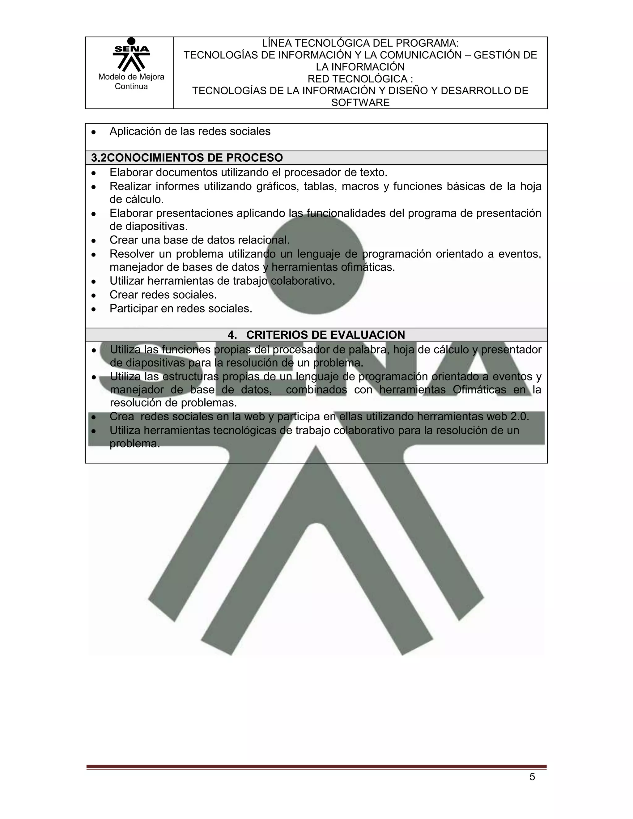 LÍNEA TECNOLÓGICA DEL PROGRAMA:
                    TECNOLOGÍAS DE INFORMACIÓN Y LA COMUNICACIÓN – GESTIÓN DE
                                          LA INFORMACIÓN
 Modelo de Mejora                       RED TECNOLÓGICA :
    Continua
                     TECNOLOGÍAS DE LA INFORMACIÓN Y DISEÑO Y DESARROLLO DE
                                             SOFTWARE

   Aplicación de las redes sociales

3.2CONOCIMIENTOS DE PROCESO
   Elaborar documentos utilizando el procesador de texto.
   Realizar informes utilizando gráficos, tablas, macros y funciones básicas de la hoja
   de cálculo.
   Elaborar presentaciones aplicando las funcionalidades del programa de presentación
   de diapositivas.
   Crear una base de datos relacional.
   Resolver un problema utilizando un lenguaje de programación orientado a eventos,
   manejador de bases de datos y herramientas ofimáticas.
   Utilizar herramientas de trabajo colaborativo.
   Crear redes sociales.
   Participar en redes sociales.

                            4. CRITERIOS DE EVALUACION
   Utiliza las funciones propias del procesador de palabra, hoja de cálculo y presentador
   de diapositivas para la resolución de un problema.
   Utiliza las estructuras propias de un lenguaje de programación orientado a eventos y
   manejador de base de datos, combinados con herramientas Ofimáticas en la
   resolución de problemas.
   Crea redes sociales en la web y participa en ellas utilizando herramientas web 2.0.
   Utiliza herramientas tecnológicas de trabajo colaborativo para la resolución de un
   problema.




                                                                                      5
 