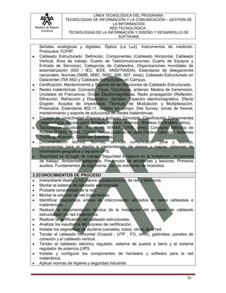 LÍNEA TECNOLÓGICA DEL PROGRAMA:
                    TECNOLOGÍAS DE INFORMACIÓN Y LA COMUNICACIÓN – GESTIÓN DE
                                          LA INFORMACIÓN
 Modelo de Mejora                       RED TECNOLÓGICA :
    Continua
                     TECNOLOGÍAS DE LA INFORMACIÓN Y DISEÑO Y DESARROLLO DE
                                             SOFTWARE

   Señales analógicas y digitales. Óptica (La Luz). Instrumentos de medición.
   Protocolos TCP/IP.
   Cableado Estructurado: Definición, Componentes (Cableado Horizontal, Cableado
   Vertical, Área de trabajo, Cuarto de Telecomunicaciones, Cuarto de Equipos y
   Entrada de Servicios). Categorías de Cableados, Organizaciones mundiales de
   estandarización (ISO / IEC, IEEE, ANSI/TIA/EIA). Estándares de delegaciones
   nacionales. Normas (568B, 568C, 569C, 606, 607, otras). Cableado Estructurado en
   Datacenter (TIA 942) y Cableado Estructurado en Campus.
   Certificación, Mantenimiento y Soporte de las Soluciones de Cableado Estructurado.
   Redes inalámbricas: Concepto. Tipos. Topologías, antenas. Medios de transmisión.
   Unidades de Frecuencia. Ondas Electromagnéticas. Radio propagación (Reflexión,
   Difracción, Refracción y Dispersión). Señales. Espectro electromagnético. Efecto
   Doppler. Acoples de impedancia. Técnicas de Modulación y Multiplexación.
   Protocolos. Estándares 802.11, análisis en campo, Site Survey, zonas de fresnel,
   mantenimiento y soporte de soluciones de Redes Inalámbricas.
   Equipos de conectividad (Pasivos y Activos): Concepto. Clasificación. Componentes
   (Adaptadores, Access point, Bridges, Routers, Antenas, Wireless Controllers, otros).
   Tecnologías (Bluetooth, 3G, Wi-Fi, WiMAX, UWB, otras): Concepto. Métodos de
   Acceso (FDMA, TDMA, CDMA). Redes públicas de radio (Redes Celulares, Sistemas
   Trunking, Roaming, Sistemas Satelitales).
   Documentación técnica: Normas, técnicas comunicación (oral y escrita),
   herramientas para el diseño e interpretación de planos y mapas, sistemas de
   información geográfica y equipos GPS.
   Seguridad en el lugar de trabajo: Seguridad e higiene en la instalación. Accidentes
   de trabajo. Ambientes peligrosos. Prevención de accidentes y lesiones. Primeros
   auxilios. Fundamentos de ergonomía. Uso de extintores de incendios.

3.2CONOCIMIENTOS DE PROCESO
   Interpretarel diseño y los planos arquitectónicos, de red y eléctricos.
   Montar el sistema de cableado estructurado
   Probarla conectividad de la red.
   Montar la solución de red Inalámbricas
   Identificar dispositivos activos de interconexión utilizados en redes cableadas e
   inalámbricas.
   Realizar la documentación técnica de la instalación del proyecto de cableado
   estructurado y/o red inalámbrica.
   Realizar la certificación del cableado estructurado.
   Analizar los resultados del proceso de certificación.
   Instalar los segmentos de ductería (canaleta, tubos, otros) de la red.
   Tender el cableado horizontal (Coaxial , UTP , FO, otros), gabinetes, paneles de
   conexión y el cableado vertical.
   Tender el cableado eléctrico regulado, sistema de puesta a tierra y el sistema
   regulador de potencia (UPS.
   Instalar y configurar los componentes de hardware y software para la red
   inalámbrica.
   Aplicar normas de higiene y seguridad industrial.


                                                                                   10
 