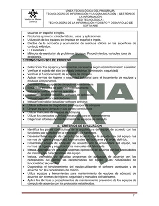 LÍNEA TECNOLÓGICA DEL PROGRAMA:
                    TECNOLOGÍAS DE INFORMACIÓN Y LA COMUNICACIÓN – GESTIÓN DE
                                          LA INFORMACIÓN
 Modelo de Mejora                       RED TECNOLÓGICA :
    Continua
                     TECNOLOGÍAS DE LA INFORMACIÓN Y DISEÑO Y DESARROLLO DE
                                             SOFTWARE

   usuarios en español e inglés.
   Productos químicos: características, usos y aplicaciones.
   Utilización de los equipos de limpieza en español e inglés.
   Efectos de la corrosión y acumulación de residuos sólidos en las superficies de
   contacto eléctrico.
   IT Essentials I.
   Métodos de resolución de problemas técnicos: Procedimientos, variables toma de
   decisiones.
3.2CONOCIMIENTOS DE PROCESO

   Seleccionar los equipos y herramientas necesarios según el mantenimiento a realizar
   Verificar el estado del sitio de trabajo (eléctrico, iluminación, seguridad)
   Verificar el funcionamiento de equipos de cómputo
   Aplicar normas de higiene y seguridad industrial para el tratamiento de equipos y
   módulos componentes.
   Desensamblar equipos de cómputo ordenadamente.
   Ensamblar equipos de cómputo ordenadamente
   Instalar/actualizar sistemas operativos
   Instalar/desinstalar/actualizar software de aplicación
   Instalar/desinstalar controladores
   Instalar/desinstalar/actualizar software antivirus
   Utilizar software de diagnóstico para equipos de cómputo
   Limpiar equipos cómputo y sus partes constitutivas
   Utilizar manuales de equipos de cómputo
   Utilizar los productos químicos necesarios para el mantenimiento
   Diligenciar informes de mantenimiento de equipos de cómputo

                            4. CRITERIOS DE EVALUACION
   Identifica las partes constitutivas de la arquitectura del equipo de acuerdo con las
   funciones que cumplen en la integración del hardware.
   Desensamblael equipo de cómputo, de acuerdo con la arquitectura del equipo, las
   normas de higiene y seguridad, los manuales del fabricante y el orden definido.
   Ensamblael equipo de cómputo, de acuerdo con la arquitectura del equipo, las
   normas de higiene y seguridad y los manuales del fabricante.
   Instala, desinstala y/o actualiza sistemas operativos de acuerdo con las necesidades
   del cliente y las características del equipo.
   Instala, desinstala y/o actualiza programas de aplicación de acuerdo con las
   necesidades del cliente, las características del equipo y las necesidades de
   funcionalidad requeridas.
   Diagnostica el funcionamiento del equipo,utilizando el software adecuado y de
   acuerdo con las necesidades del mismo.
   Utiliza equipos y herramientas para mantenimiento de equipos de cómputo de
   acuerdo con normas de higiene, seguridad y manuales del fabricante.
   Aplica las técnicas y procedimientos de mantenimiento preventivo de los equipos de
   cómputo de acuerdo con los protocolos establecidos.



                                                                                    7
 