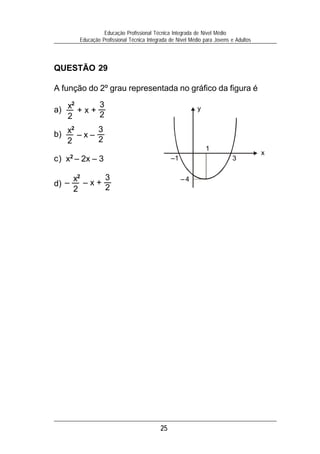 25
Educação Profissional Técnica Integrada de Nível Médio
Educação Profissional Técnica Integrada de Nível Médio para Jovens e Adultos
QUESTÃO 29
A função do 2º grau representada no gráfico da figura é
a)
b)
c)
d)
x2
2
+ x +
3
2
x2
– 2x – 3
x2
2
– x –
3
2
x2
2
– – x +
3
2
–1 3
1
y
x
–4
 