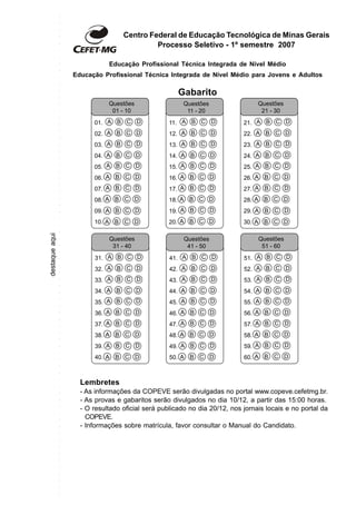 51
Educação Profissional Técnica Integrada de Nível Médio
Educação Profissional Técnica Integrada de Nível Médio para Jovens e Adultos
Educação Profissional Técnica Integrada de Nível Médio
Educação Profissional Técnica Integrada de Nível Médio para Jovens e Adultos
Gabarito
Lembretes
- As informações da COPEVE serão divulgadas no portal www.copeve.cefetmg.br.
- As provas e gabaritos serão divulgados no dia 10/12, a partir das 15:00 horas.
- O resultado oficial será publicado no dia 20/12, nos jornais locais e no portal da
COPEVE.
- Informações sobre matrícula, favor consultar o Manual do Candidato.
Centro Federal de Educação Tecnológica de Minas Gerais
Processo Seletivo - 1º semestre 2007
○○○○○○○○○○○○○○○○○○○○○○○○○○○○○○○○○○○○○○○○○○○○○○○○○○○○○○○○○○○○○○○○○○○○○○○○
destaqueaqui
01.
02.
03.
04.
05.
06.
07.
08.
09.
10.
Questões
01 - 10
A B C D
A B C D
A B C D
A B C D
A B C D
A B C D
A B C D
A B C D
A B C D
A B C D
11.
12.
13.
14.
15.
16.
17.
18.
19.
20.
Questões
11 - 20
A B C D
A B C D
A B C D
A B C D
A B C D
A B C D
A B C D
A B C D
A B C D
A B C D
21.
22.
23.
24.
25.
26.
27.
28.
29.
30.
Questões
21 - 30
A B C D
A B C D
A B C D
A B C D
A B C D
A B C D
A B C D
A B C D
A B C D
A B C D
31.
32.
33.
34.
35.
36.
37.
38.
39.
40.
Questões
31 - 40
A B C D
A B C D
A B C D
A B C D
A B C D
A B C D
A B C D
A B C D
A B C D
A B C D
41.
42.
43.
44.
45.
46.
47.
48.
49.
50.
Questões
41 - 50
A B C D
A B C D
A B C D
A B C D
A B C D
A B C D
A B C D
A B C D
A B C D
A B C D
51.
52.
53.
54.
55.
56.
57.
58.
59.
60.
Questões
51 - 60
A B C D
A B C D
A B C D
A B C D
A B C D
A B C D
A B C D
A B C D
A B C D
A B C D
 