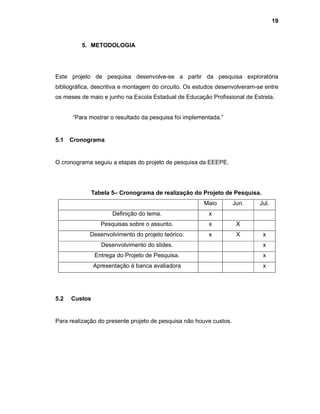 19
5. METODOLOGIA
Este projeto de pesquisa desenvolve-se a partir da pesquisa exploratória
bibliográfica, descritiva e montagem do circuito. Os estudos desenvolveram-se entre
os meses de maio e junho na Escola Estadual de Educação Profissional de Estrela.
“Para mostrar o resultado da pesquisa foi implementada.”
5.1 Cronograma
O cronograma seguiu a etapas do projeto de pesquisa da EEEPE.
Tabela 5– Cronograma de realização do Projeto de Pesquisa.
Maio Jun. Jul.
Definição do tema. x
Pesquisas sobre o assunto. x X
Desenvolvimento do projeto teórico. x X x
Desenvolvimento do slides. x
Entrega do Projeto de Pesquisa. x
Apresentação à banca avaliadora x
5.2 Custos
Para realização do presente projeto de pesquisa não houve custos.
 