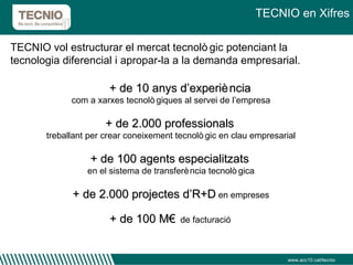 www.acc10.cat/tecnio TECNIO en Xifres TECNIO vol estructurar el mercat tecnològic potenciant la tecnologia diferencial i apropar-la a la demanda empresarial. + de 10 anys d’experiència   com a xarxes tecnològiques al servei de l’empresa + de 2.000 professionals   treballant per crear coneixement tecnològic en clau empresarial + de 100 agents especialitzats   en el sistema de transferència tecnològica + de 2.000 projectes d’R+D  en empreses + de 100 M€   de facturació 