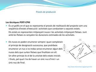 Els gràfics de GANTTProcediment que consisteix en representar en el eix horitzontal el temps i en el eix vertical les activitats que integren el procés de producció. Amb barres horitzontals es reflexa el temps precís per realitzar cada activitat. Aquestes barres es poden anar ombrejant a mesura que les activitats que representen avancen i mitjançant una línia vertical es senyala el moment actual.Així en qualsevol instant és possible saberles activitats que pateixen un retard i lesque s’estan realitzant puntualment.Procés de produccióhttp://www.alicante-ayto.es/img/plancentro/plan12.gif