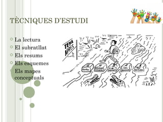 TÈCNIQUES D’ESTUDI
 La lectura
 El subratllat
 Els resums
 Els esquemes
 Els mapes
conceptuals
 