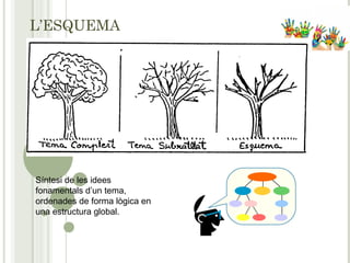 L’ESQUEMA
Síntesi de les idees
fonamentals d’un tema,
ordenades de forma lògica en
una estructura global.
 