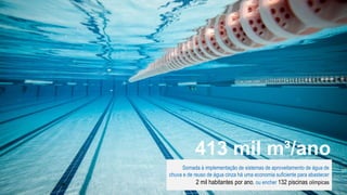 Inovação em Produto | Tecnisa10
413 mil m³/ano
Somada à implementação de sistemas de aproveitamento de água de
chuva e de reuso de água cinza há uma economia suficiente para abastecer
2 mil habitantes por ano, ou encher 132 piscinas olímpicas
 