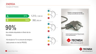 Inovação em Produto | Tecnisa11
ENERGIA
Inovação em Produtos
100%
90%das unidades etiquetadas no Brasil são da
TECNISA
Há redução de 7% no consume de energia a
cada aumento no nível do PROCEL
91%
100%
1.213 | 1.338 UH
392 | 392 UH
 