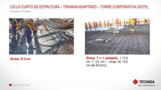 Inovação em Produto | Tecnisa33
CICLO CURTO DE ESTRUTURA – TISHMAN ADAPTADO – TORRE CORPORATIVA (W379)
Inovação em Produtos
Slump: 7 +- 1 polegada. ( 17,8
cm +- 2,5 cm – range de 15,2
cm até 20,3cm);
Slump: 21,5 cm
 