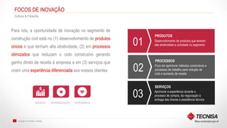 Inovação em Produto | Tecnisa5
FOCOS DE INOVAÇÃO
Cultura & Filosofia
01
PRODUTOS
Desenvolvimento de produtos que tenham
alta atratividade e unicidade no segmento
02
PROCESSOS
Foco em aprimorar métodos construtivos e
processos de trabalho para redução de
ciclo e aumento de receita
03
SERVIÇOS
Aprimorar a experiência durante o
processo de compra, da negociação à
entrega das chaves e assistência técnica
Para nós, a oportunidade de inovação no segmento de
construção civil está no (1) desenvolvimento de produtos
únicos e que tenham alta atratividade, (2) em processos
otimizados que reduzam o ciclo construtivo gerando
ganho direto de receita à empresa e em (3) serviços que
criam uma experiência diferenciada aos nossos clientes
RECEITA DIFERENCIAÇÃO EXPERIÊNCIA
 