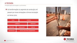 Inovação em Produto | Tecnisa7
A TECNISA
Principais tópicos de inovação no core business
As transformações no segmento de construção civil
passam por novas concepções e formas de atuação
em temas como:
ÁGUA ENERGIA
RESÍDUOSCARBONO
RISCOSMOBILIDADEWELLNESS
TECNOLOGIA PARA DESEMPENHOINTEGRAÇÃO
 
