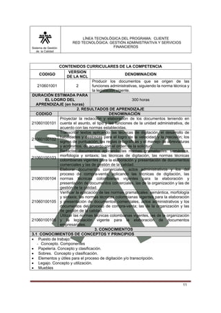 Sistema de Gestión
de la Calidad

LÍNEA TECNOLÓGICA DEL PROGRAMA: CLIENTE
RED TECNOLÓGICA: GESTIÓN ADMINISTRATIVA Y SERVICIOS
FINANCIEROS

CONTENIDOS CURRICULARES DE LA COMPETENCIA
VERSION
CODIGO
DENOMINACION
DE LA NCL
Producir los documentos que se origen de las
210601001
2
funciones administrativas, siguiendo la norma técnica y
la legislación vigente.
DURACIÓN ESTIMADA PARA
300 horas
EL LOGRO DEL
APRENDIZAJE (en horas)
2. RESULTADOS DE APRENDIZAJE
CODIGO
DENOMINACIÓN
Proyectar la redacción y elaboración de los documentos teniendo en
21060100101 cuenta el asunto, el tipo y las funciones de la unidad administrativa, de
acuerdo con las normas establecidas.
Transcribir textos aplicando las técnicas de digitación, el desarrollo de
habilidades y destrezas para el logro de la velocidad y la precisión; los
21060100102
signos de puntuación, las reglas ortográficas y el manejo de abreviaturas
y acrónimos, de acuerdo con el orden de la solicitud.
Redactar documentos aplicando las normas gramaticales: semántica,
morfología y sintaxis; las técnicas de digitación, las normas técnicas
21060100103
colombianas vigentes para la elaboración y presentación de documentos
comerciales y las de gestión de la calidad.
Elaborar documentos comerciales, actos administrativos y los del
proceso de compra-venta, aplicando las técnicas de digitación, las
21060100104 normas técnicas colombianas vigentes para la elaboración y
presentación de documentos comerciales, las de la organización y las de
gestión de la calidad.
Verificar la aplicación de las normas gramaticales: semántica, morfología
y sintaxis; las normas técnicas colombianas vigentes para la elaboración
21060100105 y presentación de documentos comerciales, actos administrativos y los
documentos del proceso de compra-venta; las de la organización y las
de gestión de la calidad.
Utilizar las normas técnicas colombianas vigentes, las de la organización
21060100106 y la legislación vigente para la elaboración de documentos
empresariales.
3. CONOCIMIENTOS
3.1 CONOCIMIENTOS DE CONCEPTOS Y PRINCIPIOS
• Puesto de trabajo:
- Concepto. Componentes
• Papelería. Concepto y clasificación.
• Sobres. Concepto y clasificación.
• Elementos y útiles para el proceso de digitación y/o transcripción.
• Legajo. Concepto y utilización.
• Muebles

11

 