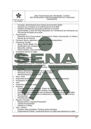 Sistema de Gestión
de la Calidad

LÍNEA TECNOLÓGICA DEL PROGRAMA: CLIENTE
RED TECNOLÓGICA: GESTIÓN ADMINISTRATIVA Y SERVICIOS
FINANCIEROS

Concepto. Administración de la Cadena de Suministro (SCM)
Aspectos por considerar en la implementación de la SCM
Posibles contingencias para evitar problemas en la SCM
Oportunidades y retos del RFID (Dispositivo de Transferencia de Información por
Frecuencias de Radio) en la SCM.
Comunicación.
- Elementos de la Comunicación. Comunicación Verbal, Comunicación no Verbal y
Normas de convivencia.
Functions: Nouns, adjectives, pronouns, verbs and prepositions
Introducing Yourself
- Name: Family, Middle, first, age, weigh, height.
- Identification card, Passport card
- Nationality, Address
- Phone numbers, Likes and dislikes
Vocabulario técnico en inglés.
Empresa.
- Concepto
- Actividad económica.
- Estructura orgánico-funcional
- Principios Corporativos
- Cultura Organizacional. Concepto, Misión, Visión y Objetivos Corporativos
- Manual de funciones y procedimientos
Planeación de los Recursos de la Empresa. Enterprise Resource Planning. (ERP).
- Concepto
- Retos y Soluciones del ERP en la empresa de hoy
- Planeación de los recursos de la empresa (ERP)
- Recomendaciones sobre el ERP
Army - Rank
Organizational structures: Companies, Enterprises, Entities, Corporations
Occupations, Professions
Jobs
Vocabulario técnico en inglés.
Protocolo
- Concepto. Historia del Protocolo. Clases de Protocolo
- Protocolo en la correspondencia: tarjetas, cartas, portafolio de servicios.
- Normas técnicas colombianas para la elaboración de documentos comerciales.
- Normas de Calidad, aplicadas a la elaboración y presentación de documentos.
- Precedencias
- Precedencias militares
Etiqueta. Concepto
- Etiqueta Social, y Etiqueta Empresarial
- Tarjetas Empresariales
- Etiqueta en la Mesa
Type – Writing
- Invitation cards and letters. Thanking cards and letters.
- Organizational Portfolio. Vocabulario técnico en inglés para etiqueta en el vestir.
-

•
•
•

•
•

•

•
•
•
•
•
•

•

•

18

 