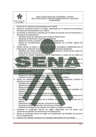 Sistema de Gestión
de la Calidad

•
•

•

•
•
•

•

•
•
•

LÍNEA TECNOLÓGICA DEL PROGRAMA: CLIENTE
RED TECNOLÓGICA: GESTIÓN ADMINISTRATIVA Y SERVICIOS
FINANCIEROS

favorezca las relaciones empresariales con el cliente.
Aplicar el vocabulario técnico, en inglés, relacionado con la atención que favorezca
las relaciones empresariales con el cliente.
Suministrar la información requerida por el cliente de acuerdo con los lineamientos y
procesos de la Organización.
- Identificar el tipo de información que maneja la Organización
- Interpretar la información requerida por el cliente
- Aplicar las normas, procesos y políticas de la Organización
- Aplicar los procedimientos de atención de acuerdo con el SCM, cadena de
suministro.
Prestar servicio al cliente a través de los medios tecnológicos establecidos por la
Organización, aplicando el protocolo y las reglamentaciones respectivas.
- Identificar los medios establecidos por la Organización a través de los cuales se
presta atención y servicio al cliente.
- Emplear los medios establecidos por la Organización a través de los cuales se
presta atención y servicio al cliente.
Comprender el vocabulario técnico, en inglés, para la prestación del servicio al
cliente a través de los medios establecidos por la Organización.
Aplicar el vocabulario técnico, en inglés, para prestar atención y servicio al cliente a
través de los medios establecidos por la Organización.
Documentar el servicio al cliente de acuerdo con las políticas y la trazabilidad
- Interpretar el manual de procesos y procedimientos de la Organización, para el
servicio al cliente.
- Identificar la secuencia histórica o trazabilidad del servicio al cliente
- Registrar los clientes que ingresan a la Organización
- Conservar la documentación relacionada con el servicio al cliente
Aplicar los estándares de calidad establecidos por la Organización durante la
atención y el servicio al cliente.
- Identificar las partes que constituyen el portafolio de servicios
- Identificar el protocolo para la elaboración del portafolio de servicios
- Aplicar el protocolo en la elaboración del portafolio de servicios
- Identificar los servicios que presta la Organización, a través del portafolio de
servicios.
- Aplicar el SAV (Sistema Automatizad de Ventas) de hoy
- Interpretar las normas de Gestión de la Calidad, en cuanto a mejora continua en el
servicio.
- Aplicar las normas de Gestión de la Calidad, en cuanto a mejora continua en el
servicio.
- Determinar el tiempo de atención y de servicio al cliente
- Controlar el tiempo de atención y de servicio al cliente
- Determinar la lealtad de los clientes, por medios y modelos de calidad
Interpretar el vocabulario técnico en inglés, relacionado con las partes que
conforman el portafolio de servicios de una Organización.
Aplicar el vocabulario técnico en inglés en la elaboración del portafolio de servicios
de una Organización.
Expresar con claridad y precisión los mensajes relacionados con los clientes

21

 