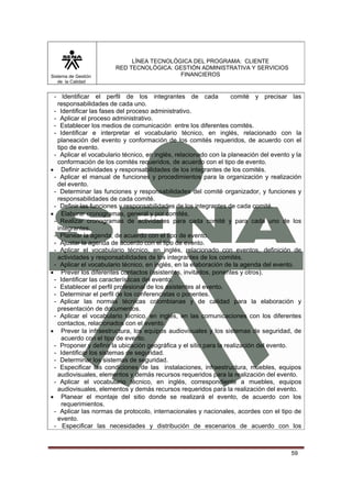 Sistema de Gestión
de la Calidad

LÍNEA TECNOLÓGICA DEL PROGRAMA: CLIENTE
RED TECNOLÓGICA: GESTIÓN ADMINISTRATIVA Y SERVICIOS
FINANCIEROS

- Identificar el perfil de los integrantes de cada
comité y precisar las
responsabilidades de cada uno.
- Identificar las fases del proceso administrativo.
- Aplicar el proceso administrativo.
- Establecer los medios de comunicación entre los diferentes comités.
- Identificar e interpretar el vocabulario técnico, en inglés, relacionado con la
planeación del evento y conformación de los comités requeridos, de acuerdo con el
tipo de evento.
- Aplicar el vocabulario técnico, en inglés, relacionado con la planeación del evento y la
conformación de los comités requeridos, de acuerdo con el tipo de evento.
• Definir actividades y responsabilidades de los integrantes de los comités.
- Aplicar el manual de funciones y procedimientos para la organización y realización
del evento.
- Determinar las funciones y responsabilidades del comité organizador, y funciones y
responsabilidades de cada comité.
- Definir las funciones y responsabilidades de los integrantes de cada comité.
• Elaborar cronogramas, general y por comités.
- Realizar cronogramas de actividades para cada comité y para cada uno de los
integrantes.
- Planear la agenda, de acuerdo con el tipo de evento.
- Ajustar la agenda de acuerdo con el tipo de evento.
- Aplicar el vocabulario técnico, en inglés, relacionado con eventos, definición de
actividades y responsabilidades de los integrantes de los comités.
- Aplicar el vocabulario técnico, en inglés, en la elaboración de la agenda del evento.
• Prever los diferentes contactos (asistentes, invitados, ponentes y otros).
- Identificar las características del evento.
- Establecer el perfil profesional de los asistentes al evento.
- Determinar el perfil de los conferencistas o ponentes.
- Aplicar las normas técnicas colombianas y de calidad para la elaboración y
presentación de documentos.
- Aplicar el vocabulario técnico, en inglés, en las comunicaciones con los diferentes
contactos, relacionados con el evento.
• Prever la infraestructura, los equipos audiovisuales y los sistemas de seguridad, de
acuerdo con el tipo de evento.
- Proponer y definir la ubicación geográfica y el sitio para la realización del evento.
- Identificar los sistemas de seguridad.
- Determinar los sistemas de seguridad.
- Especificar las condiciones de las instalaciones, infraestructura, muebles, equipos
audiovisuales, elementos y demás recursos requeridos para la realización del evento.
- Aplicar el vocabulario técnico, en inglés, correspondiente a muebles, equipos
audiovisuales, elementos y demás recursos requeridos para la realización del evento.
• Planear el montaje del sitio donde se realizará el evento, de acuerdo con los
requerimientos.
- Aplicar las normas de protocolo, internacionales y nacionales, acordes con el tipo de
evento.
- Especificar las necesidades y distribución de escenarios de acuerdo con los

59

 