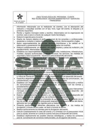 Sistema de Gestión
de la Calidad

•
•
•
•
•
•
•
•
•
•
•
•
•
•
•
•
•
•
•
•

LÍNEA TECNOLÓGICA DEL PROGRAMA: CLIENTE
RED TECNOLÓGICA: GESTIÓN ADMINISTRATIVA Y SERVICIOS
FINANCIEROS

información relacionada con la realización de eventos, con la descripción del
vestuario y maquillaje acordes con el tipo, hora, lugar del evento, la etiqueta y el
protocolo requeridos.
Recibe y registra mensajes orales y escritos, relacionados con la organización de
eventos, cara a cara o a través de cualquier medio tecnológico.
Elabora la agenda para el evento
Diseña de manera objetiva el perfil profesional de los ponentes o conferencistas,
asistentes e invitados y realiza los contactos respectivos, idioma español e Ingles.
Aplica responsablemente las normas técnicas colombianas y de calidad en la
elaboración y presentación de documentos relacionados con eventos.
Elabora cuidadosamente, en español y en inglés, tarjetas y cartas de invitación y de
agradecimiento, relacionadas con eventos.
Establece con responsabilidad las condiciones del sitio: instalaciones, infraestructura,
muebles, equipos audiovisuales, y demás recursos; los servicios, las medidas de
seguridad y salud ocupacional, requeridos para el desarrollo del evento.
Aplica estrictamente las normas de etiqueta y protocolo nacionales e internacionales
durante el montaje del sitio donde se realizará el evento.
Dispone cuidadosamente los equipos, medios audiovisuales y demás elementos
requeridos por los ponentes o conferencistas y por la audiencia, para el desarrollo del
evento.
Recopila con responsabilidad las ponencias o conferencias para la compilación de
las memorias del evento en el soporte establecido por la Organización.
Identifica de manera responsable las necesidades presupuestales de cada comité.
Proyecta diligentemente el presupuesto de acuerdo con datos reales (Costo de Vida
e índice de Precios al Consumidor – IPC) e imprevistos para el desarrollo del evento.
Especifica diligentemente los servicios de traducción y medios de comunicación, las
características y condiciones, de acuerdo con los requerimientos.
Establece con responsabilidad las necesidades de servicios de traducción y medios
de comunicación, para su posterior consecución, de acuerdo con las normas y
procedimientos institucionales.
Aplica cuidadosamente el vocabulario técnico en inglés, requerido para Intercambiar
mensajes orales y escritos, con los contactos necesarios para el desarrollo del
evento, cara a cara y a través de cualquier medio tecnológico.
Elabora meticulosamente, en español y en inglés, la agenda para el desarrollo del
evento y las hojas de vida (resume), de conferencistas o ponentes.
Presenta de manera oportuna la propuesta de servicios y costos de acuerdo con el
tipo de evento, el protocolo, el presupuesto asignado y los requerimientos del cliente,
aplicando las normas técnicas vigentes para su elaboración.
Presenta oportunamente diferentes alternativas con respecto a los medios de
divulgación, a través de los cuales se dará a conocer el evento.
Realiza oportunamente los trámites para la divulgación del evento.
Calcula cuidadosamente el costo del evento y lo contrasta con el presupuesto inicial
para su ajuste, teniendo en cuenta la cuantía real para el desarrollo del evento.
Establece objetivamente las posibles alianzas estratégicas, y realiza los contactos
para la concertación de convenios institucionales y la divulgación del evento.

62

 