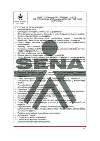 Sistema de Gestión
de la Calidad

•
•
•
•
•
•
•
•
•
•
•

•
•
•
•
•
•
•
•
•
•
•
•
•
•
•
•
•
•
•
•
•

LÍNEA TECNOLÓGICA DEL PROGRAMA: CLIENTE
RED TECNOLÓGICA: GESTIÓN ADMINISTRATIVA Y SERVICIOS
FINANCIEROS

Concepto de Trabajo en Equipo
Inteligencia Emocional
Globalización: conceptos, políticas para la globalización
Contexto Social y productivo en el mundo, el país, el departamento y/o municipio y
la región: Características, oportunidades.
Sector productivo: Conceptos, tipos, características, actores y dinámicas de
organización, las políticas, las leyes, los planes, situación actual y prospectiva
Entorno laboral: definición, descripción, función, características, procedimientos,
requerimientos
Normas y Leyes: Conceptos, características, tipos,
Constitución Política de Colombia: Características y estructura del Estado, derechos
y deberes de los ciudadanos.
Derechos y deberes de los trabajadores
Sistema educativo: Instituciones y relaciones con el SENA.
SENA: Historia, políticas, elementos de identidad corporativa, normativa referente a
la formación profesional. (Normas de convivencia, reglamento de aprendices,
Contrato de aprendizaje, Fondo de la Industria de la Construcción, Apoyos de
sostenimiento, Bienestar a los Aprendices).
Centro de Formación: Organización, estructura y funcionamiento.
Entorno formativo y laboral.
Actividades formativas y productivas.
Formación Profesional para el desarrollo de competencias: Conceptos,
características, metodologías de aprendizaje, fuentes para la construcción del
conocimiento.
Líneas tecnológicas: Conceptos, tipos (Tecnologías de la información y la
comunicación, diseño, producción y transformación, materiales y herramientas,
cliente).
Programa de formación: Concepto, características.
Aprendizaje autónomo: Concepto, estrategias.
Proyecto de Formación: Concepto, tipos, fases.
Evaluación de la formación profesional: Concepto, tipos, actores, roles e instancias.
Proyecto de Vida: concepto, propósito y componentes.
Aprendizajes previos: Concepto, utilidad y metodologías de identificación.
Principios y Valores: Concepto, tipos.
Trabajo en equipo: Conceptos, tipos, técnicas; estrategias de gestión.
Innovación y Desarrollo tecnológico: Concepto y relaciones con la formación por
proyectos.
Emprendimiento: Concepto, ventajas, características del emprendedor.
Comunicación: Conceptos, proceso, componentes y funciones tipos, características,
comunicación asertiva.
Procesos comunicativos, racionales y argumentados
Comunicación Verbal
Comunicación No Verbal Kinetésica
Comunicación No Verbal Proxémica
Comunicación No Verbal Paralinguística

66

 