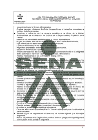 Sistema de Gestión
de la Calidad

•

•

•

•

•

LÍNEA TECNOLÓGICA DEL PROGRAMA: CLIENTE
RED TECNOLÓGICA: GESTIÓN ADMINISTRATIVA Y SERVICIOS
FINANCIEROS

procedimientos de la Unidad Administrativa.
- Emplear paquetes integrados de oficina de acuerdo con el manual de operaciones y
políticas de la Organización.
Coordinar la utilización de los recursos tecnológicos de oficina de la Unidad
Administrativa, de acuerdo con las políticas de la Organización y la gestión de la
calidad.
- Identificar las necesidades tecnológicas de la Unidad Administrativa.
- Sugerir soluciones a las necesidades tecnológicas de la Unidad Administrativa.
- Fijar normas de uso de los recursos tecnológicos de oficina.
- Controlar el inventario de los recursos tecnológicos.
- Asignar las prioridades, derechos y restricciones a los usuarios.
- Establecer directrices de seguridad.
- Implementar sesiones de usuario que contribuyan al mantenimiento de la integridad
de los sistemas de hardware y software de la Unidad Administrativa.
- Realizar instalaciones de los controladores de dispositivos.
- Registrar el sistema operativo.
Verificar el funcionamiento de los recursos tecnológicos de oficina de acuerdo con los
procedimientos de seguridad, las normas de gestión de la calidad y el manual del
usuario.
- Revisar el estado de conectividad de las redes eléctricas.
- Identificar problemas de conectividad en los equipos de la red de datos.
- Identificar las fallas de los recursos tecnológicos de oficina.
Planear el mantenimiento de los recursos tecnológicos de oficina de acuerdo con las
políticas de la Organización, los requerimientos y las normas de gestión de la
calidad.
- Elaborar y actualizar la ficha técnica de mantenimiento para cada recurso tecnológico
de oficina.
- Identificar prioridades para el mantenimiento de los recursos tecnológicos de oficina.
- Tramitar la reparación especializada de los recursos tecnológicos de oficina.
- Realizar el reporte del mantenimiento de los recursos tecnológicos de oficina, de
acuerdo con la demanda de los usuarios y las normas de gestión de la calidad.
Monitorear la seguridad de los recursos tecnológicos de oficina de acuerdo con los
estándares de calidad establecidos por la Organización.
- Aplicar las políticas de seguridad para garantizar la integridad de los recursos
tecnológicos de oficina.
- Identificar y analizar los posibles riesgos a que pueden estar expuestos los recursos
tecnológicos de oficina.
- Coordinar un esquema de contingencia para contrarrestar los riesgos.
- Ejecutar software de protección contra virus informáticos y malware.
- Actualizar el software de protección y antispyware
- Capacitar a los usuarios para la aplicación, actualización y configuración del antivirus
y el antispyware.
Realizar copias de seguridad de acuerdo con las normas vigentes y la tecnología
disponible.
- Aplicar las políticas de la Organización, normas técnicas y legislación vigente para la
conservación de las copias de seguridad.

7

 