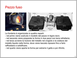 16
Pezzo fuso
La fonderia è organizzata in quattro reparti:
- nel primo viene costruito il modello del pezzo in legno duro;
- nel secondo viene preparata la forma in due pezzi con terra refrattaria;
- nel terzo avviene la fusione del metallo nel crogiolo e la colatura del
metallo liquido nella forma, dove viene lasciato riposare fino a farlo
raffreddare e solidificare;
- nel quarto viene aperta la forma per estrarre il getto e poi rifinirlo.
 
