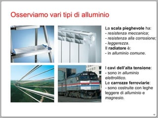 19
Osserviamo vari tipi di alluminio
La scala pieghevole ha:
- resistenza meccanica;
- resistenza alla corrosione;
- leggerezza.
Il radiatore è:
- in alluminio comune.
I cavi dell’alta tensione:
- sono in alluminio
elettrolitico.
Le carrozze ferroviarie:
- sono costruite con leghe
leggere di alluminio e
magnesio.
 