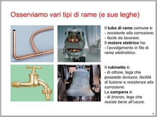 22
Osserviamo vari tipi di rame (e sue leghe)
Il tubo di rame comune è:
- resistente alla corrosione;
- facile da lavorare.
Il motore elettrico ha:
- l’avvolgimento in filo di
rame elettrolitico.
Il rubinetto è:
- di ottone, lega che
possiede durezza, facilità
di fusione e resistenza alla
corrosione.
La campana è:
- di bronzo, lega che
resiste bene all’usura.
 