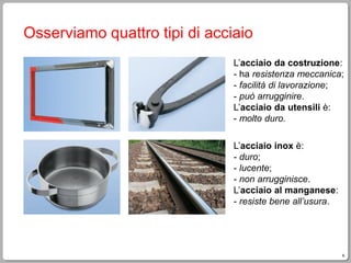 6
Osserviamo quattro tipi di acciaio
L’acciaio da costruzione:
- ha resistenza meccanica;
- facilità di lavorazione;
- può arrugginire.
L’acciaio da utensili è:
- molto duro.
L’acciaio inox è:
- duro;
- lucente;
- non arrugginisce.
L’acciaio al manganese:
- resiste bene all’usura.
 
