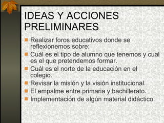 IDEAS Y ACCIONES PRELIMINARES Realizar foros educativos donde se reflexionemos sobre: Cuál es el tipo de alumno que tenemos y cual es el que pretendemos formar. Cuál es el norte de la educación en el colegio. Revisar la misión y la visión institucional. El empalme entre primaria y bachillerato. Implementación de algún material didáctico. 