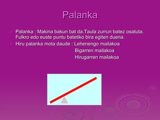 Palanka Palanka : Makina bakun bat da.Taula zurrun batez osatuta. Fulkro edo euste puntu batetiko bira egiten duena.  Hiru palanka mota daude : Lehenengo mailakoa Bigarren mailakoa Hirugarren mailakoa 
