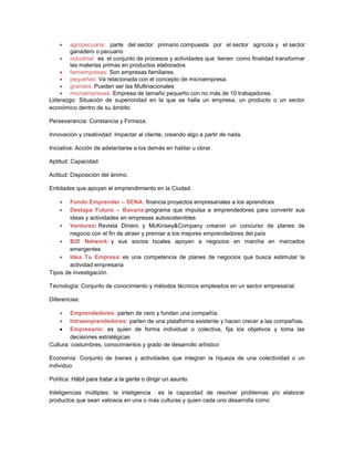 agropecuaria: parte del sector primario compuesta por el sector agrícola y el sector
ganadero o pecuario
industrial: es el conjunto de procesos y actividades que tienen como finalidad transformar
las materias primas en productos elaborados
famiempresas: Son empresas familiares.
pequeñas: Va relacionada con el concepto de microempresa.
grandes: Pueden ser las Multinacionales
microempresas: Empresa de tamaño pequeño con no más de 10 trabajadores.
Liderazgo: Situación de superioridad en la que se halla un empresa, un producto o un sector
económico dentro de su ámbito
Perseverancia: Constancia y Firmeza.
Innovación y creatividad: Impactar al cliente, creando algo a partir de nada.
Iniciativa: Acción de adelantarse a los demás en hablar u obrar.
Aptitud: Capacidad.
Actitud: Disposición del ánimo.
Entidades que apoyan el emprendimiento en la Ciudad:
Fondo Emprender – SENA: financia proyectos empresariales a los aprendices
Destapa Futuro – Bavaria:programa que impulsa a emprendedores para convertir sus
ideas y actividades en empresas autosostenibles
Ventures: Revista Dinero y McKinsey&Company crearon un concurso de planes de
negocio con el fin de atraer y premiar a los mejores emprendedores del país
BiD Network: y sus socios locales apoyan a negocios en marcha en mercados
emergentes
Idea Tu Empresa: es una competencia de planes de negocios que busca estimular la
actividad empresaria
Tipos de investigación.
Tecnología: Conjunto de conocimiento y métodos técnicos empleados en un sector empresarial.
Diferencias:
Emprendedores: parten de cero y fundan una compañía.
Intraemprendedores: parten de una plataforma existente y hacen crecer a las compañías.
Empresario: es quien de forma individual o colectiva, fija los objetivos y toma las
decisiones estratégicas
Cultura: costumbres, conocimientos y grado de desarrollo artístico
Economía: Conjunto de bienes y actividades que integran la riqueza de una colectividad o un
individuo
Política: Hábil para tratar a la gente o dirigir un asunto
Inteligencias múltiples: la inteligencia es la capacidad de resolver problemas y/o elaborar
productos que sean valiosos en una o más culturas y quien cada uno desarrolla como
 