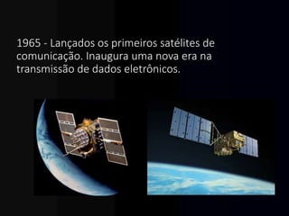 1965 - Lançados os primeiros satélites de
comunicação. Inaugura uma nova era na
transmissão de dados eletrônicos.
 