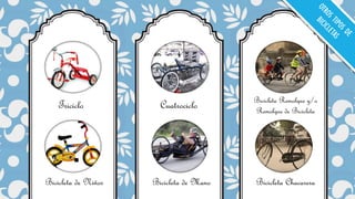 Triciclo Cuatrociclo
Bicicleta de Niños Bicicleta de Mano Bicicleta Chacarera
Bicicleta Remolque y/o
Remolque de Bicicleta
 