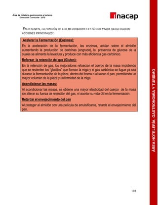 Área de hotelería gastronomía y turismo
Dirección Curricular 2010
183
ÁREAHOTELERÍA,GASTRONOMÍAYTURISMO
EN RESUMEN, LA FUNCIÓN DE LOS MEJORADORES ESTÁ ORIENTADA HACIA CUATRO
ACCIONES PRINCIPALES:
Acelerar la Fermentación (Enzimas):
En la aceleración de la fermentación, las enzimas, actúan sobre el almidón
aumentando la producción de dextrinas (engrudo), la presencia de glucosa de la
cuales se alimenta la levadura y produce con más eficiencia gas carbónico.
Reforzar la retención del gas (Gluten):
En la retención de gas, los mejoradores refuerzan el cuerpo de la masa impidiendo
que se revienten los ―globitos‖ que forman la miga y el gas carbónico se fugue ya sea
durante la fermentación de la pieza, dentro del horno o al sacar el pan, permitiendo un
mayor volumen de la pieza y uniformidad de la miga.
Acondicionar las masas:
Al acondicionar las masas, se obtiene una mayor elasticidad del cuerpo de la masa
sin alterar su fuerza de retención del gas, ni acortar su vida útil en la fermentación.
Retardar el envejecimiento del pan
Al proteger al almidón con una película de emulsificante, retarda el envejecimiento del
pan.
 